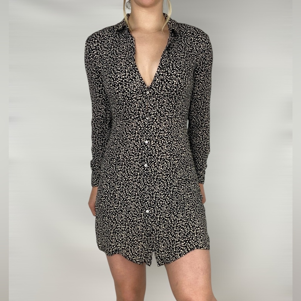 WHISTLES Black Autumn Floral Shirt Dress Collared Button Down in Black/Multi‎